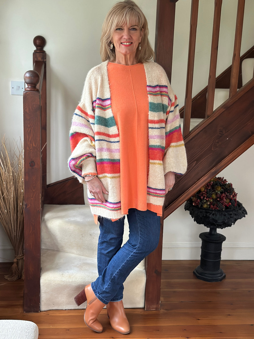 Striped Balloon Sleeve Cardigan | Multi