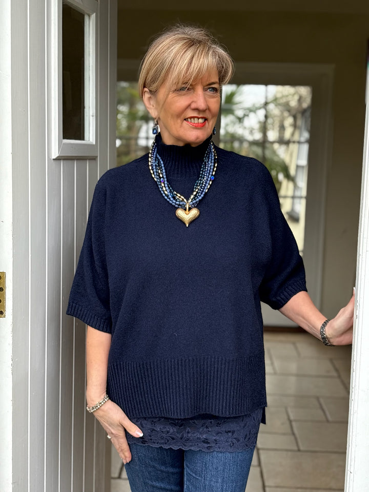 Ribbed High Neck Knit Top | Navy - Mandy's Heaven 