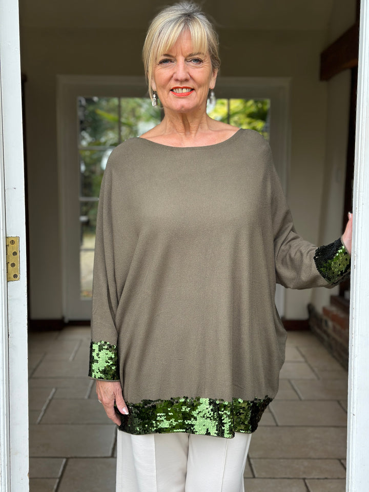 Sparkle Trim Batwing Jumper | Khaki