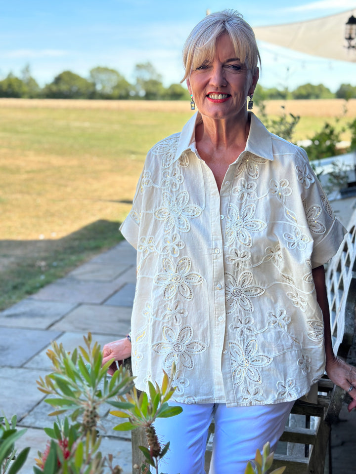 Sequin Floral Cotton Blend Shirt | Cream