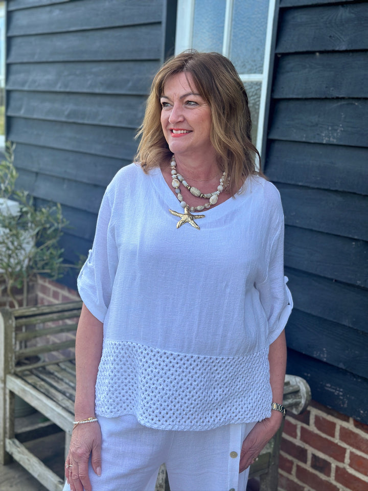 Crochet Detail Linen Top | White