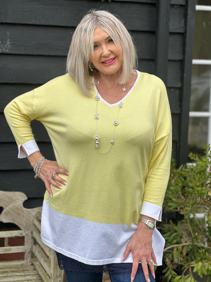 Longline Block V Neck Top | Lemon - Malissa J