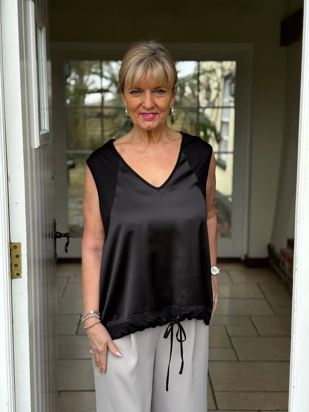 Satin Front Drawcord Vest Top Malissa J |Black - Mandy's Heaven 