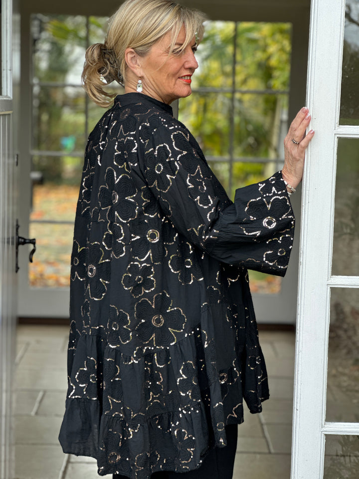 Sequin Floral Tunic Top | Black