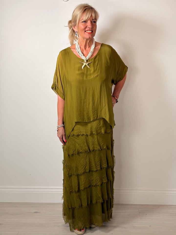 Silk Tiered Ruffle Dress | Olive
