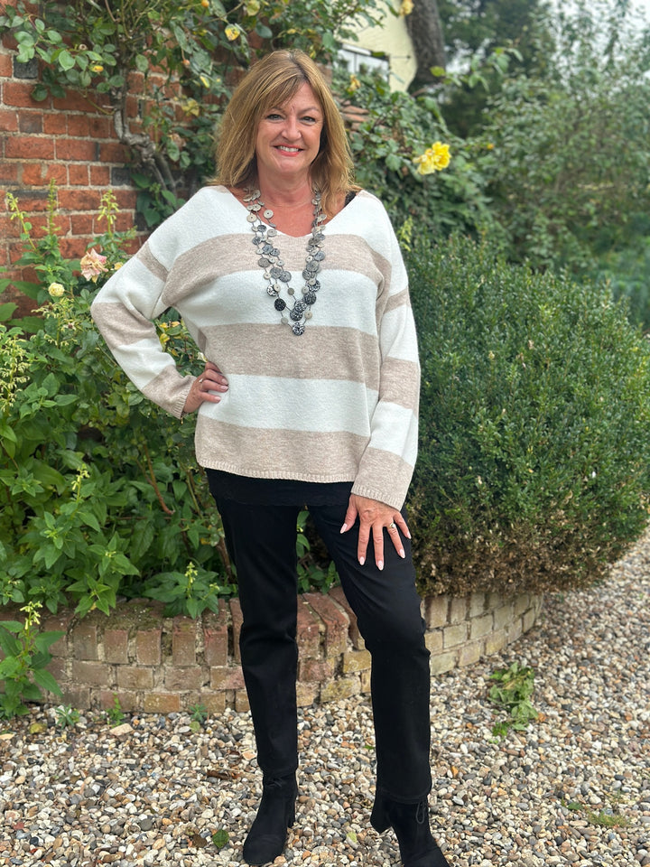 Striped V-Neck Jumper | Oatmeal
