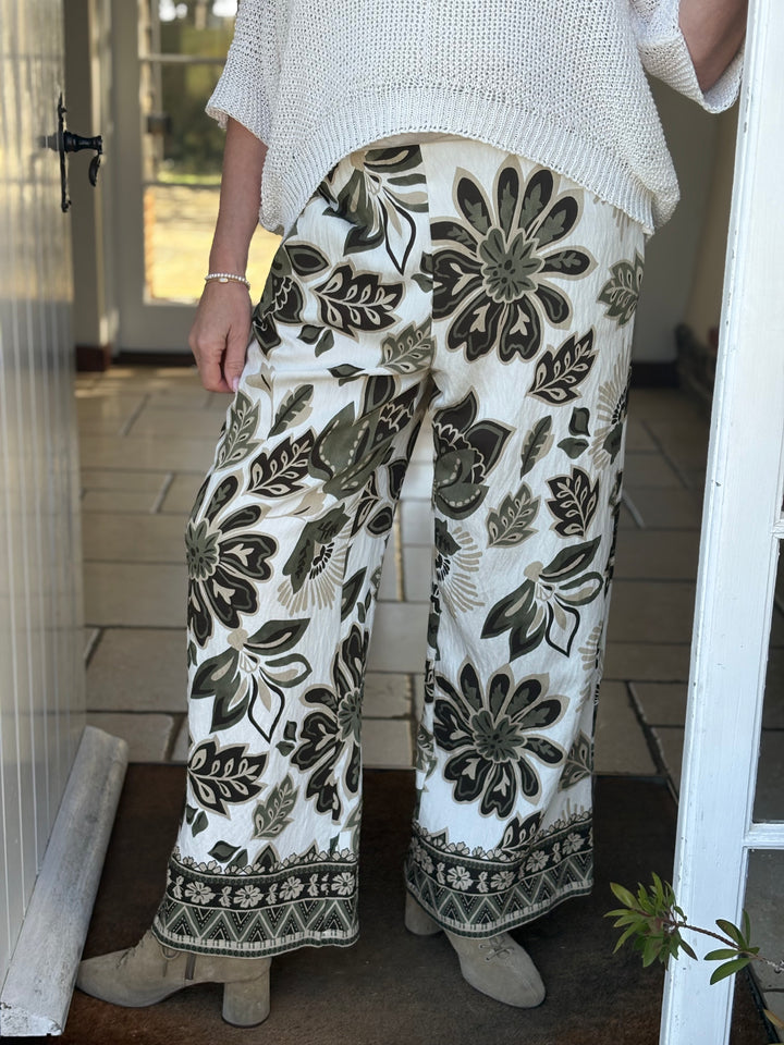Botanical Print Wide Leg Trouser - Malissa J | Khaki