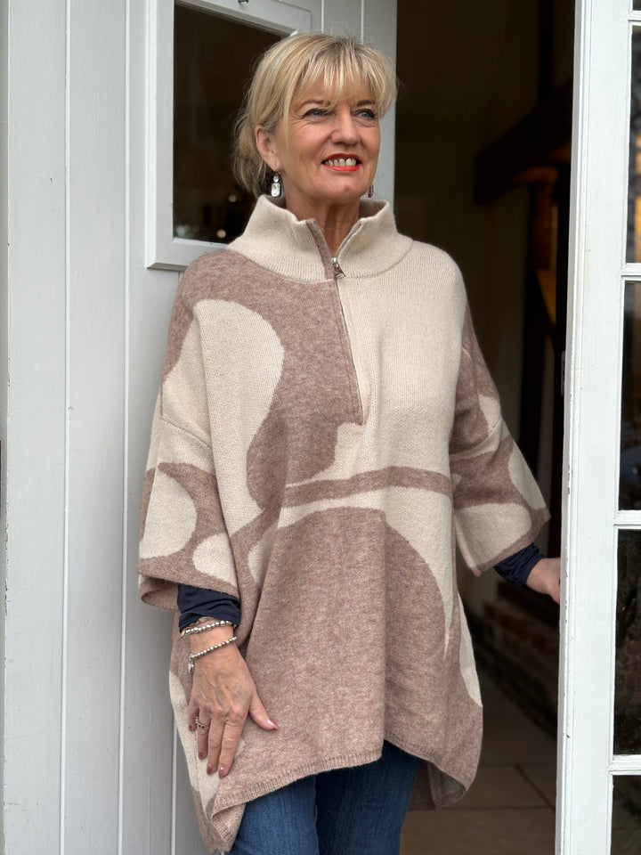 Cosy Zip High Neck Print Knit Jumper | Beige