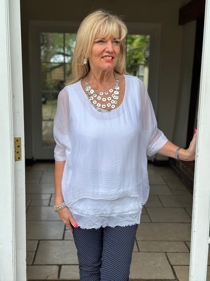 Silk Tiered Blouse Top | White