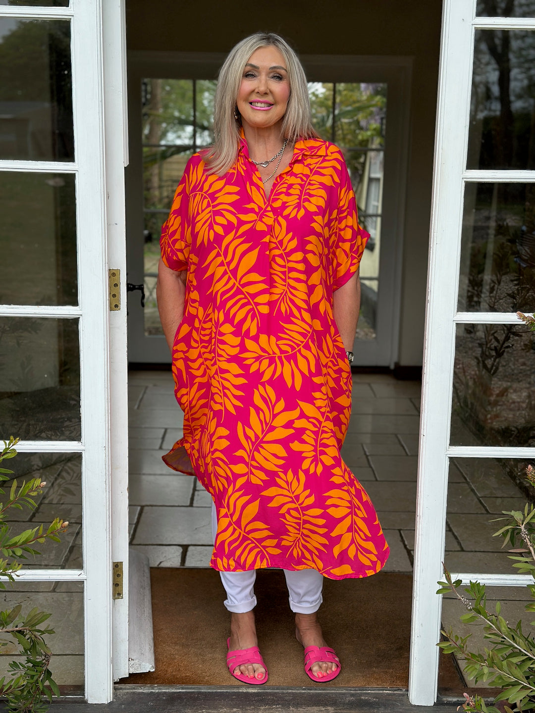 Abstract Print Tunic Dress | Fuchsia & Orange Leaf