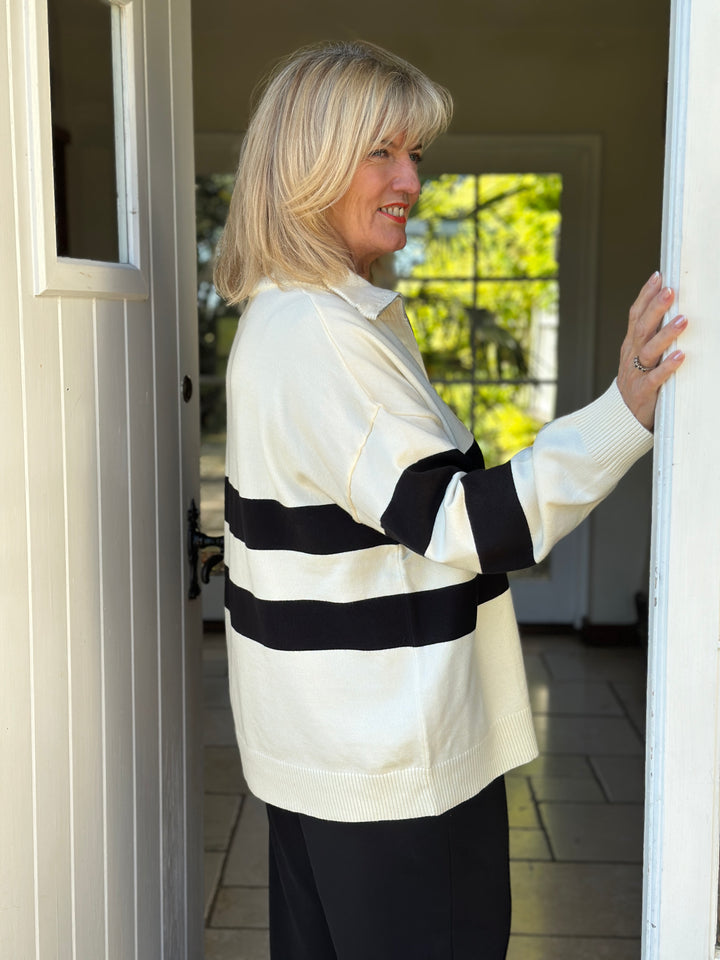 Funnel Neck Zip Stripe Jumper | Cream