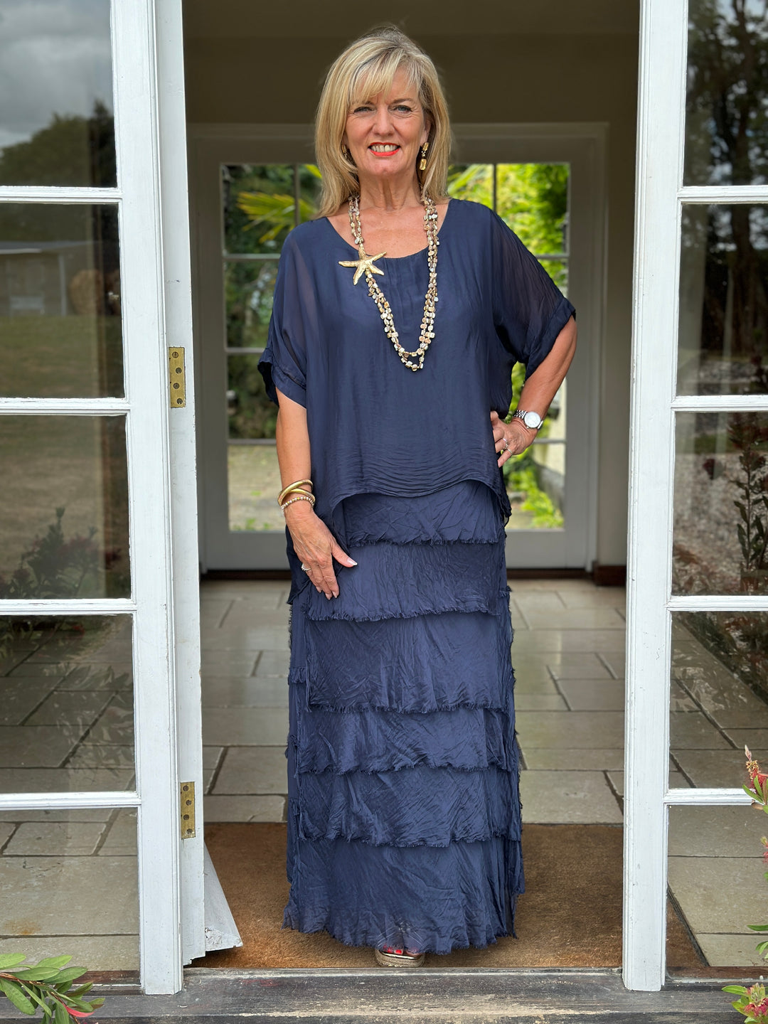 Silk Tiered Ruffle Dress | Navy Silk Tiered Ruffle Dress | Navy