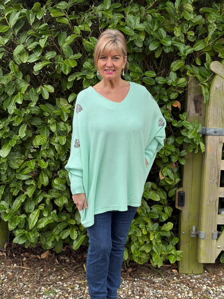 Embellished Heart Sleeve Soft Knit Top | Mint