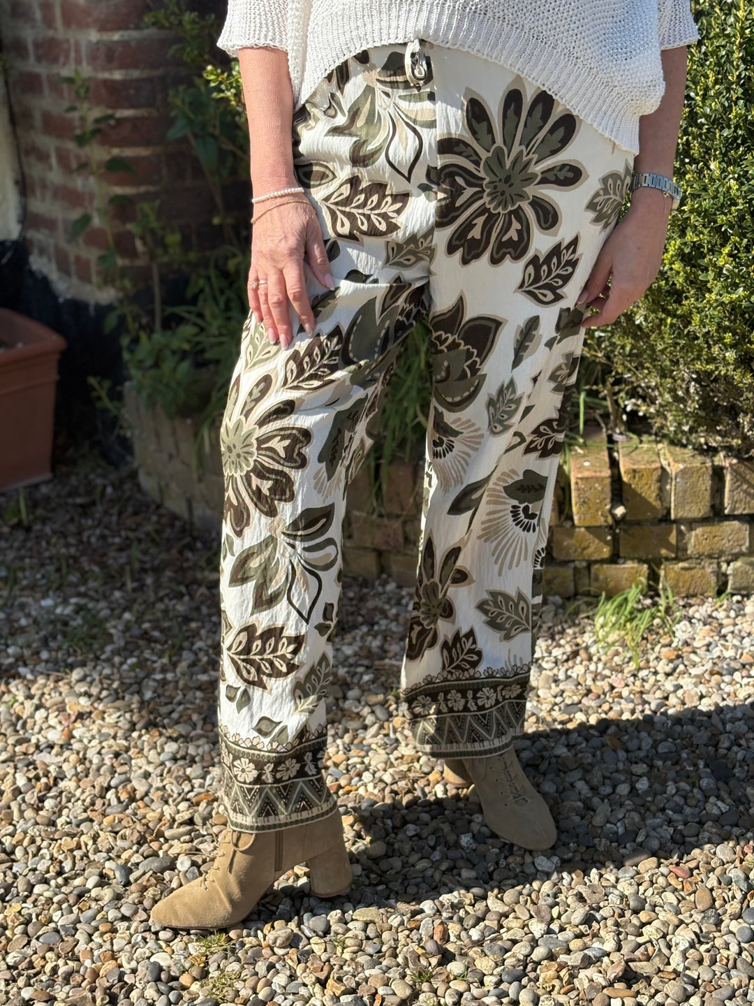 Botanical Print Wide Leg Trouser - Malissa J | Khaki