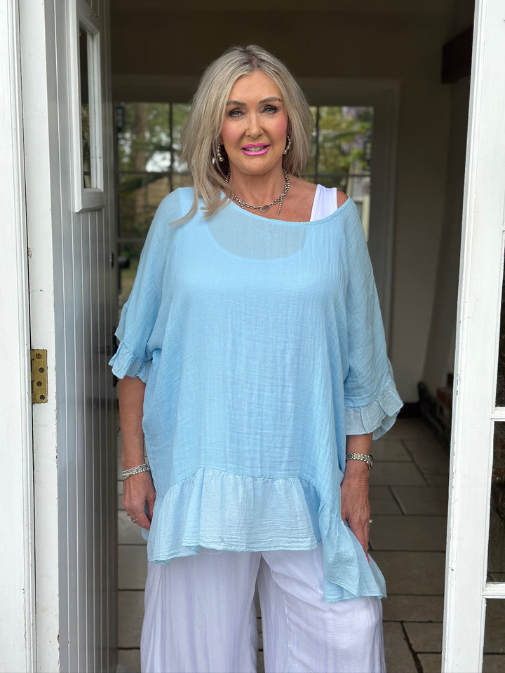 Cotton Ruffle Hem Top | Sky Blue