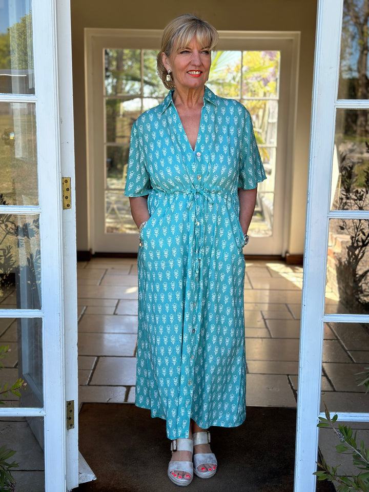 Drawstring Button Down Linen Dress DREAMS | Sea Foam