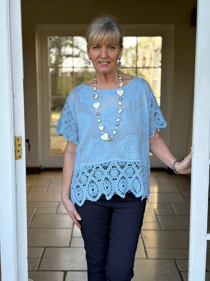 Crochet Floral Top | Sky Blue