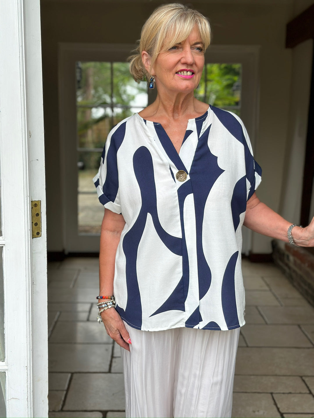 Swirl Print Button-Neck Top | Navy