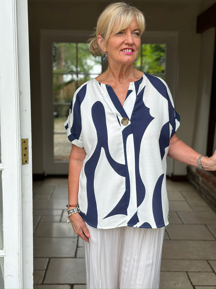 Swirl Print Button-Neck Top | Navy