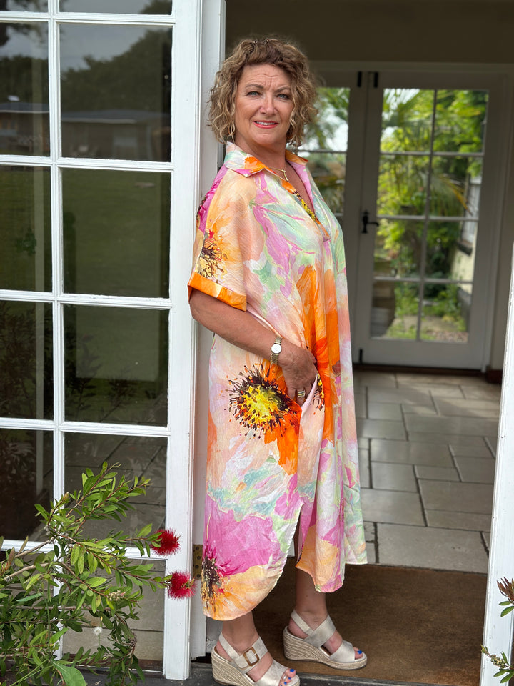 Watercolour Floral Sun Dress | Orange