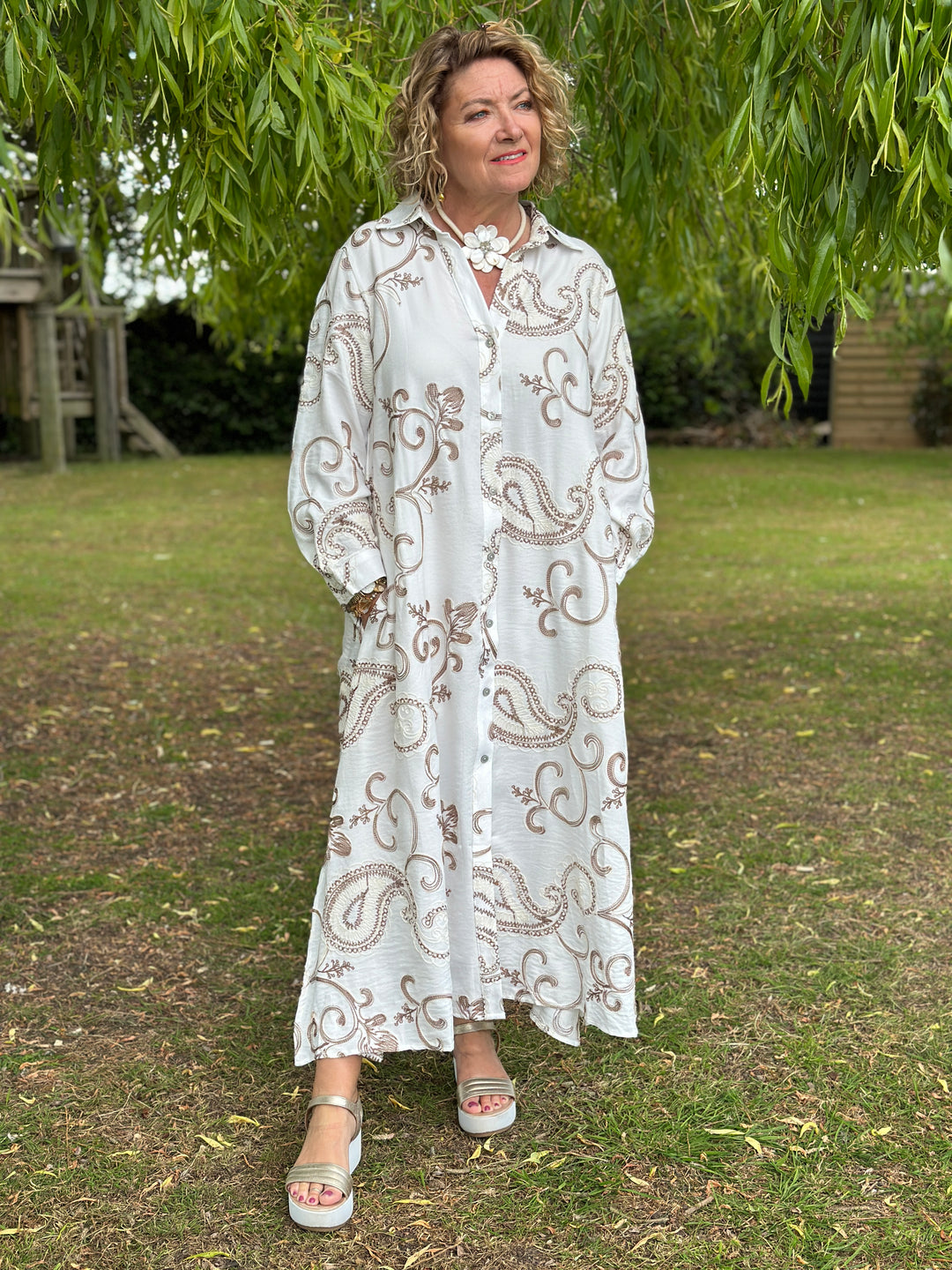 Embroidered Paisley Longline Shirt Dress - Malissa J | Latte