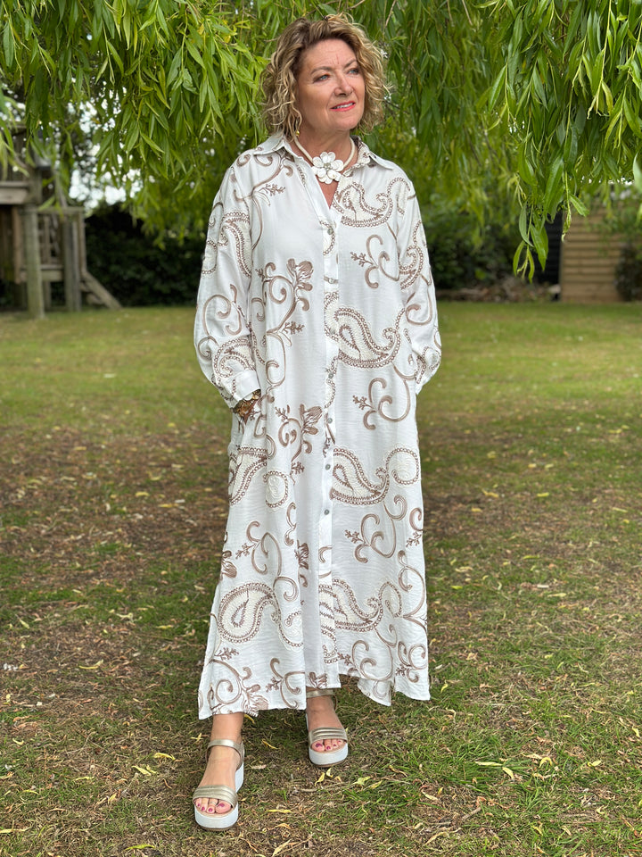 Embroidered Paisley Longline Shirt Dress - Malissa J | Latte