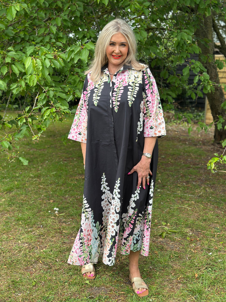 Foxglove Blossom Long Shirt Dress | Black
