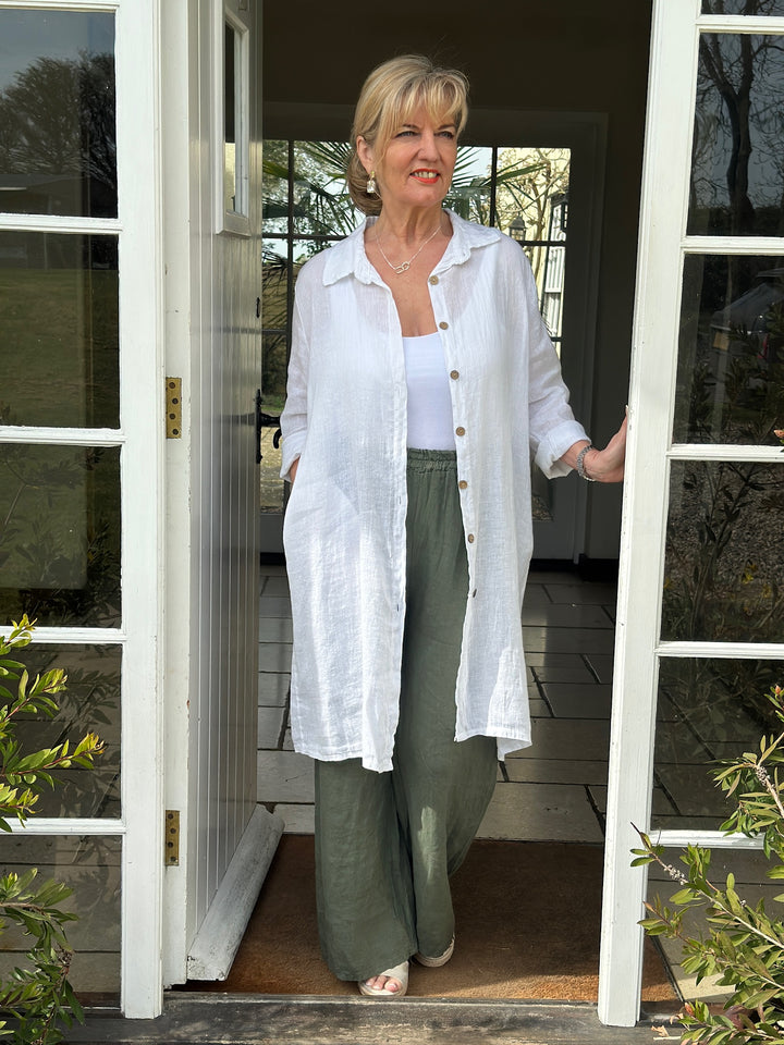 Straight Sleeve Longline Linen Shirt | White