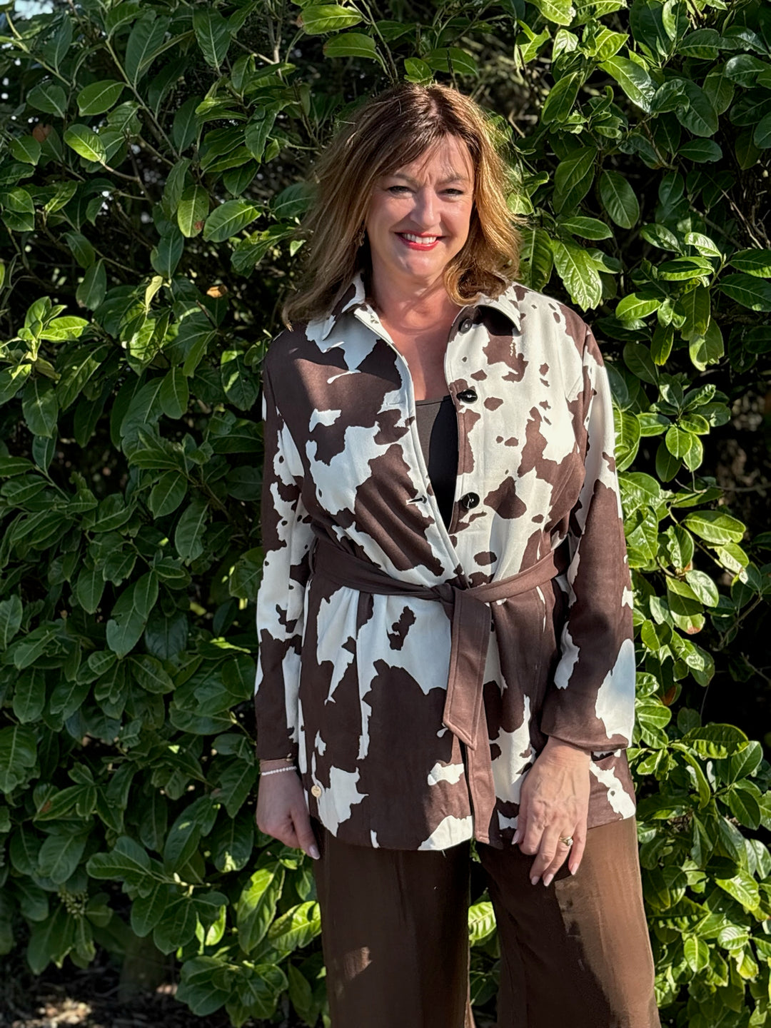 Cow Print Faux Suede Longline Belted Jacket - Malissa J