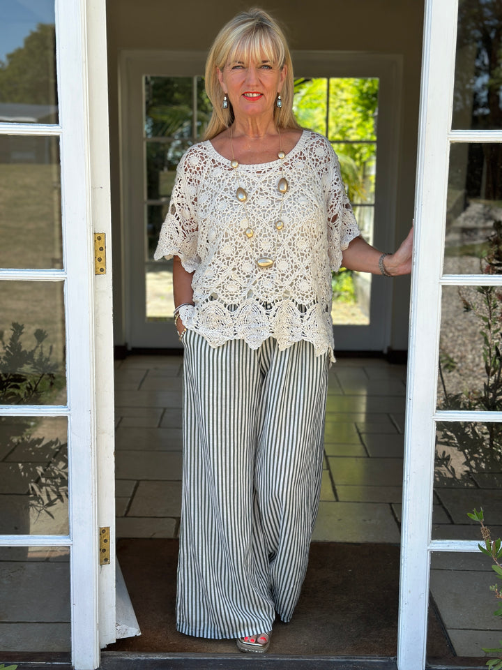 Wide Leg Linen Stripe Trouser | Khaki