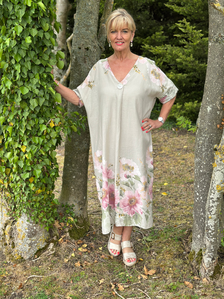 Linen Blend Floral Dress | Light Taupe