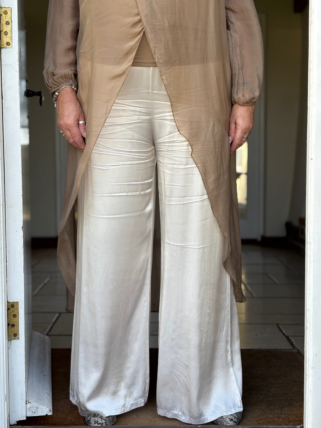 Satin Feel Floaty Trousers | Cream