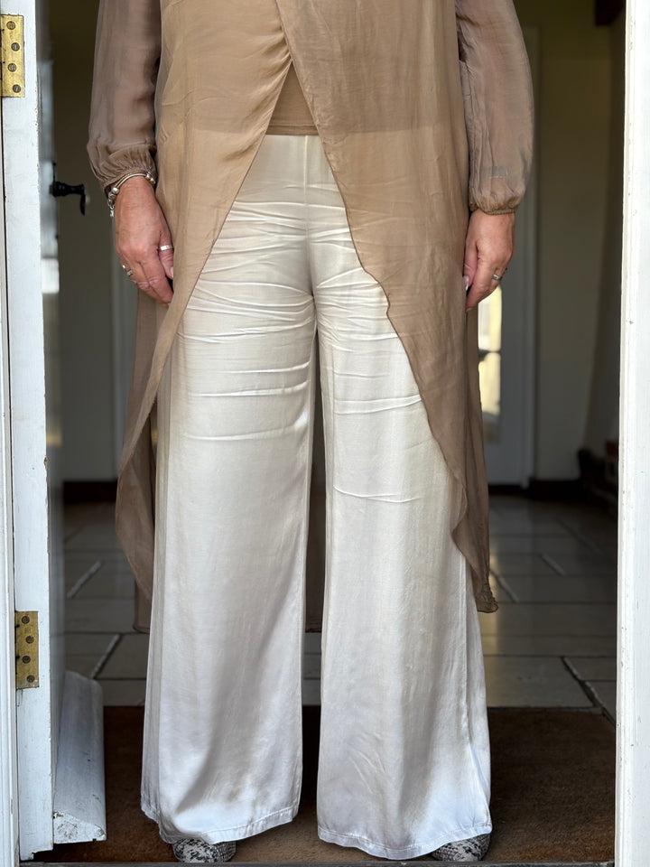 Satin Feel Floaty Trousers | Cream