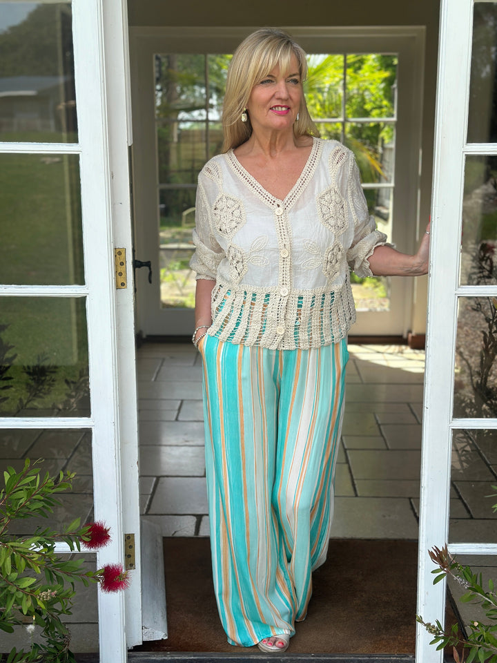 Multi Stripe Wide Leg Trouser | Turquoise