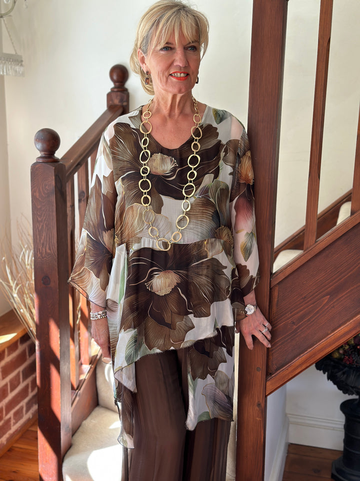 Isabella Flower Silk Blouse | Chocolate