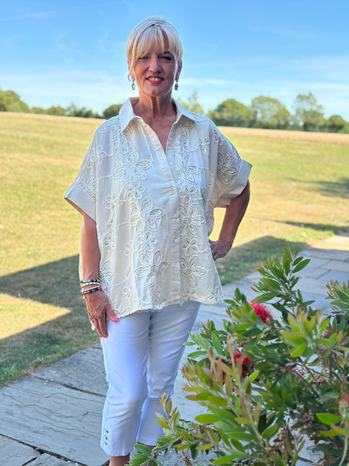 Sequin Floral Cotton Blend Shirt | Cream