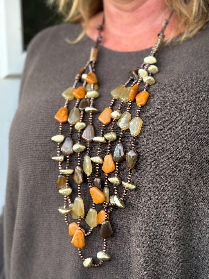 Layered Long Resin Beaded Necklace | Brown