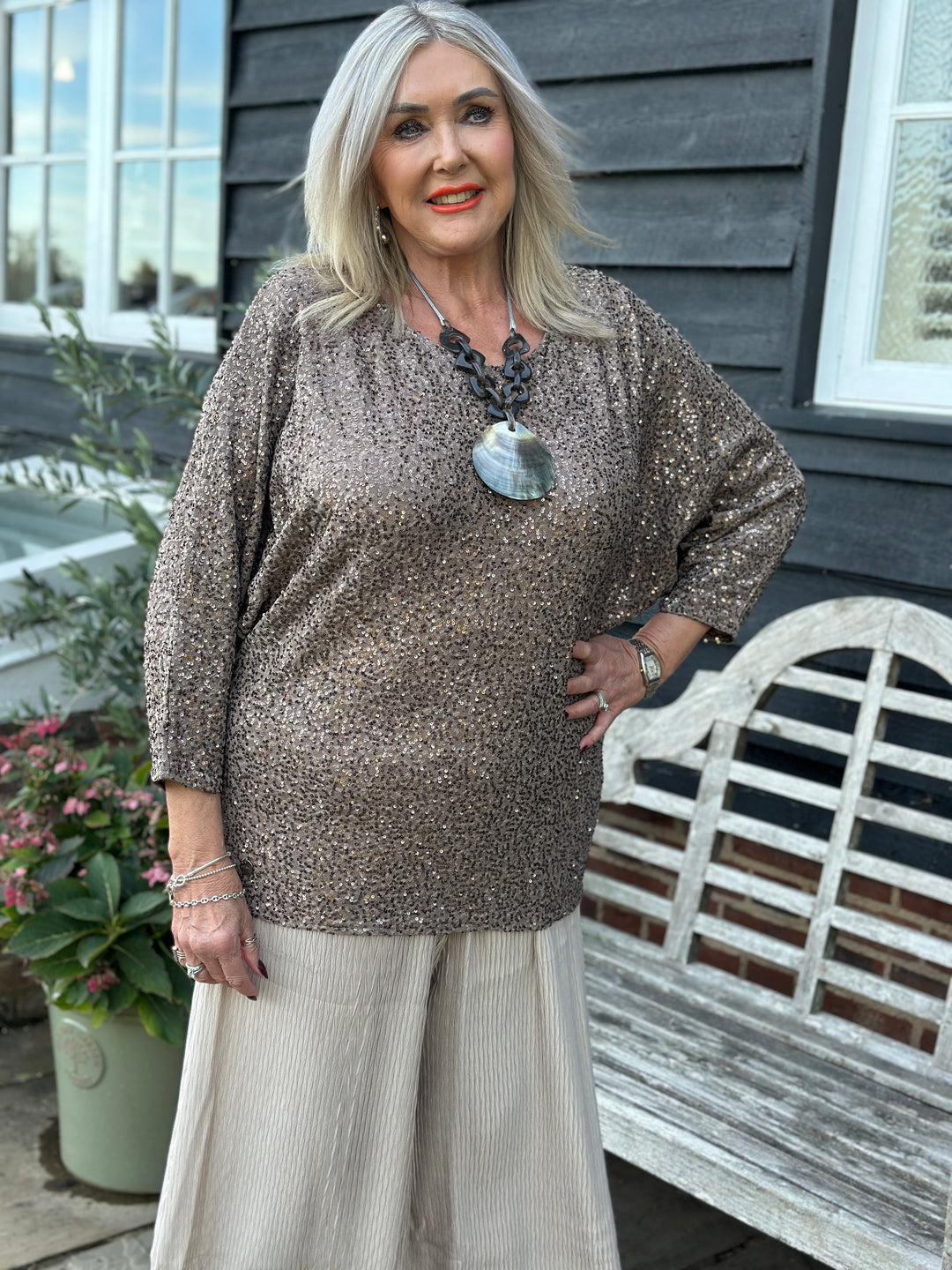 Sequin Batwing Top - Malissa J | Latte