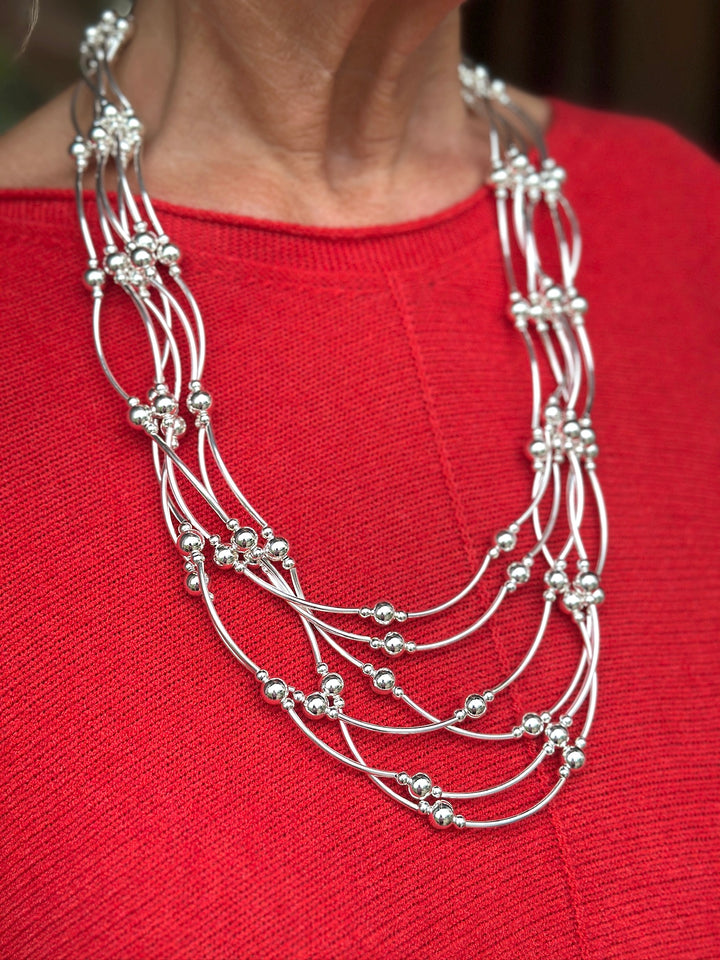 Layered Multi-Strand Beaded Necklace | Silver