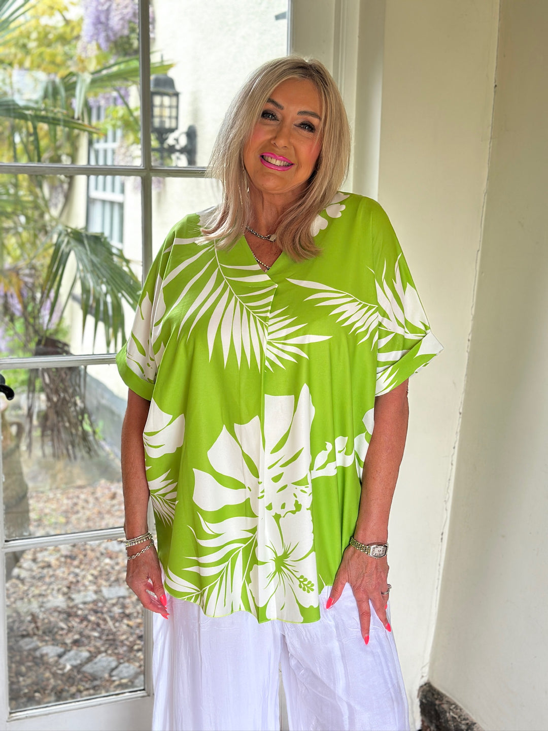 Tropical Print Tunic Top | Lime Green