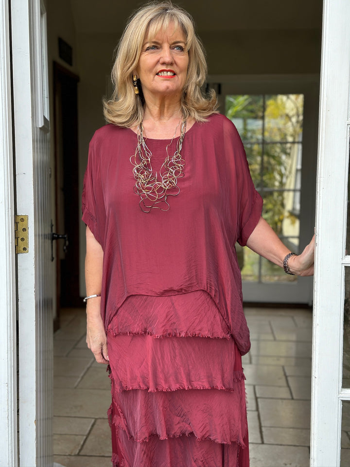 Silk Tiered Ruffle Dress | Burgundy