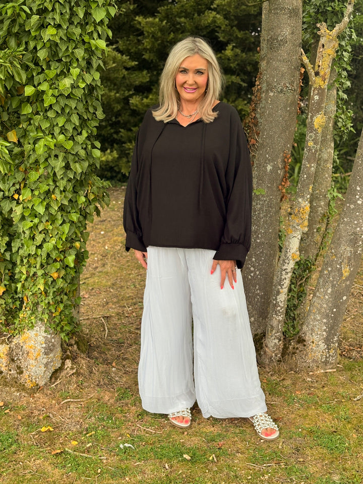 Long Sleeve Lightweight Top With Ties | Black
