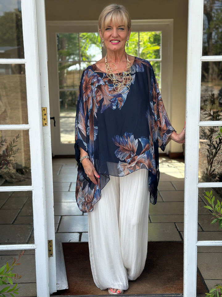 Mia Floral Silk Blouse | Navy