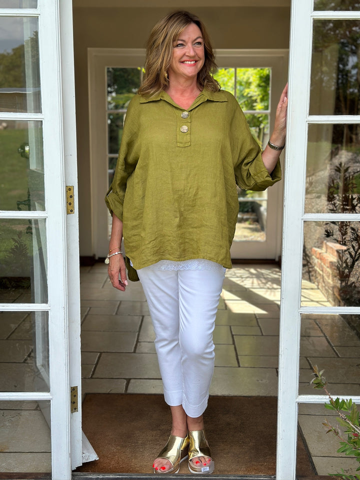 Linen Double Button Top | Olive