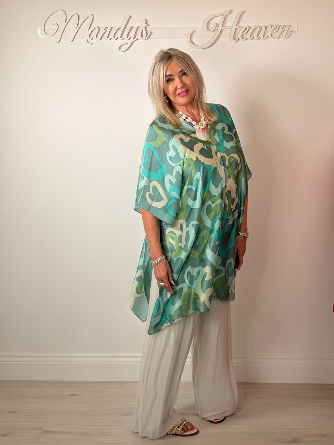 Silk-Blend Love Heart Print Kaftan | Green Multi
