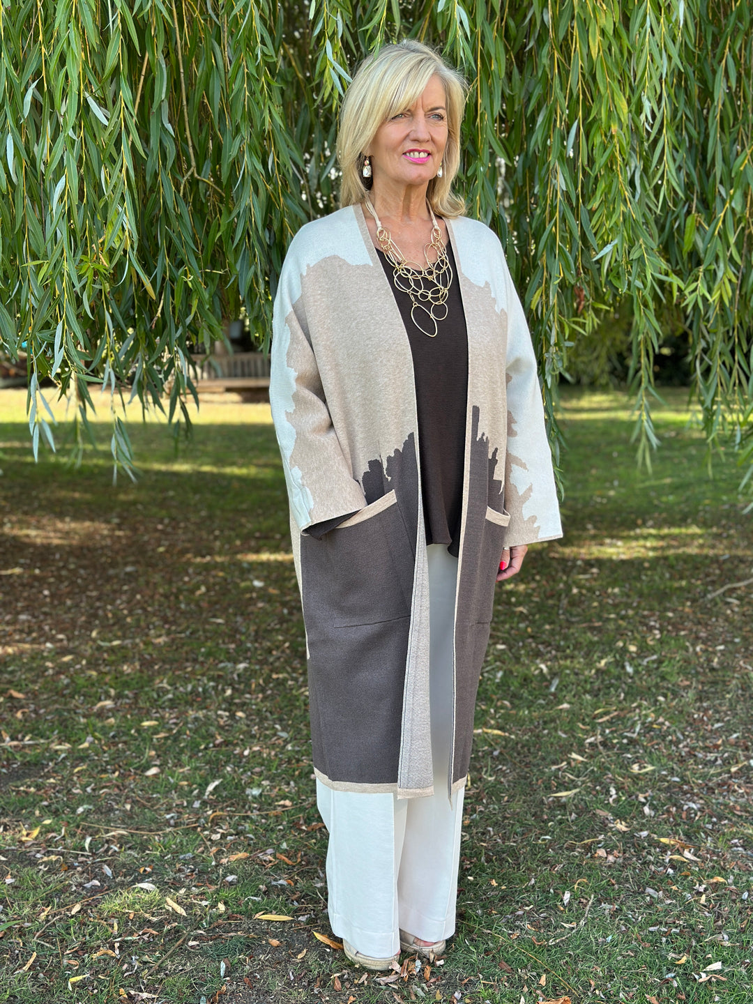 Long Line Knitted Pocket Cardigan | Neutral