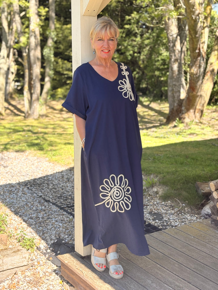 Embroidered Flower Print Tunic Dress | Navy
