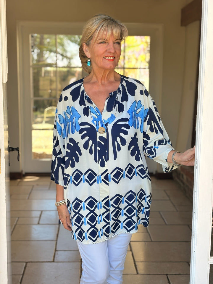 One Button Tunic Top Abstract Print | Ocean Blue