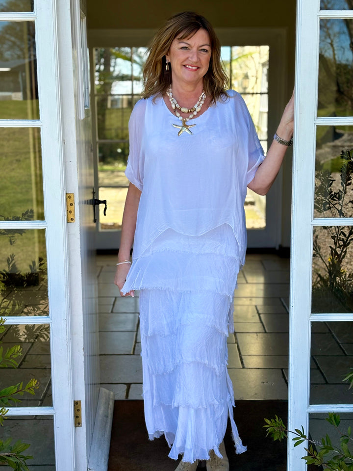 Silk Tiered Ruffle Dress | White