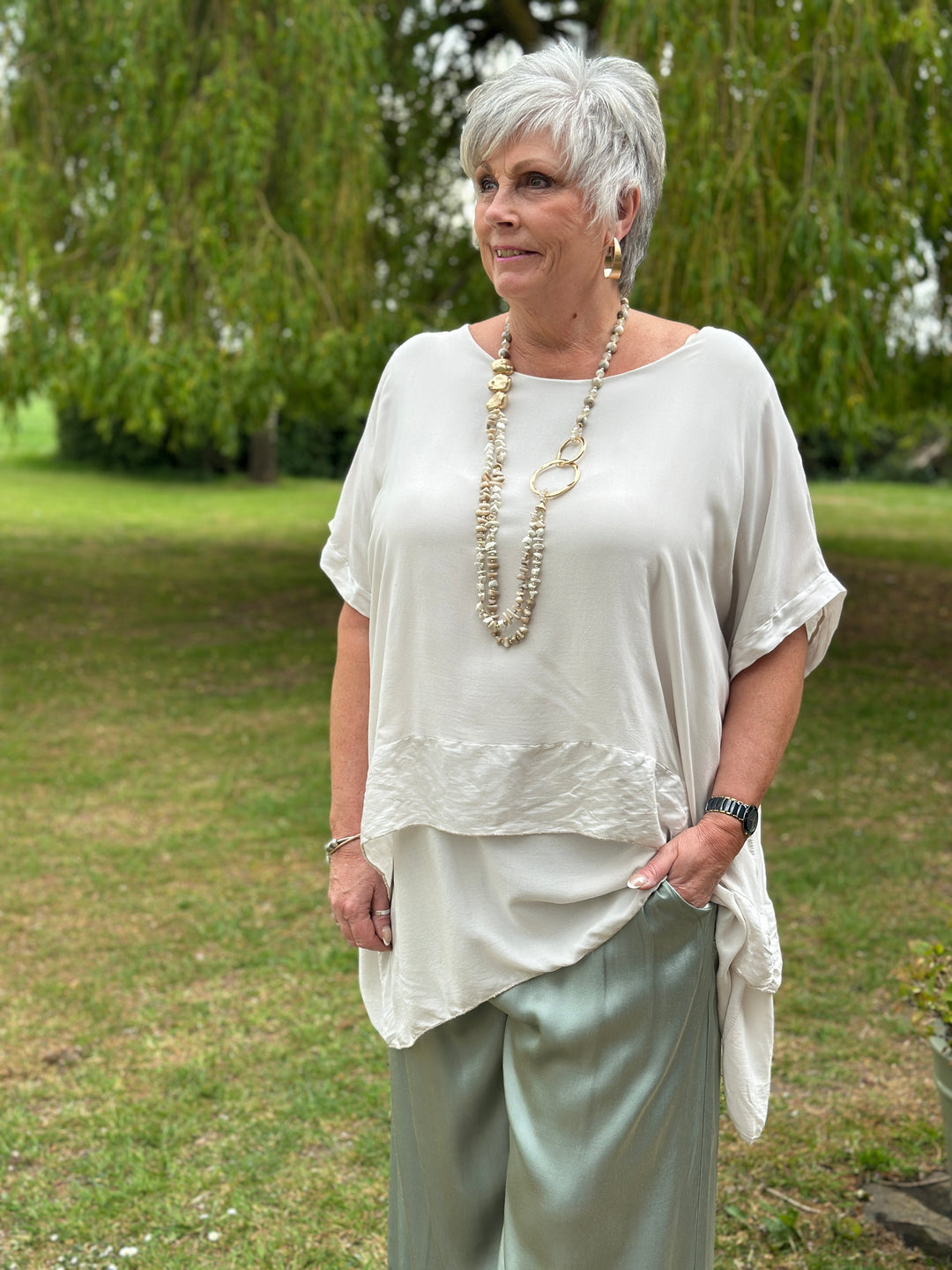 Double Hem Soft Feel Blouse | Beige